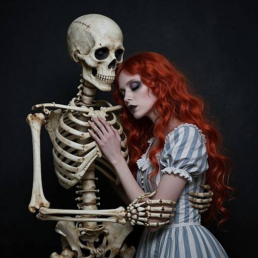 Photograph of a pale woman with long red hair, wearing a blue-striped dress, embracing a skeletal figure against a dark background.