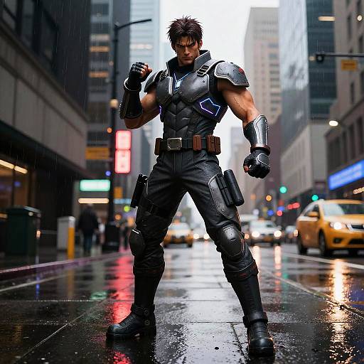 Digital art of muscular man in dark, armored suit with gloves, standing confidently in rainy urban street, surrounded by tall buildings and yellow taxis.