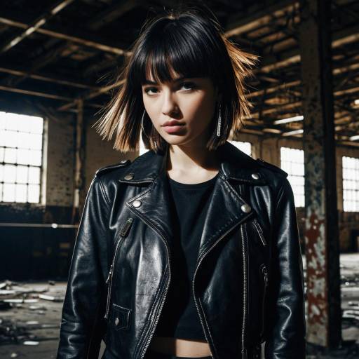 Fashion Model with Asymmetrical Fringe Hairstyle in Leather Jacket