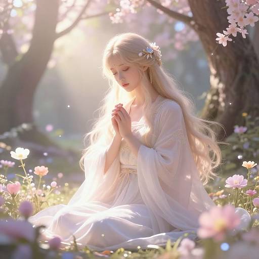 Digital fantasy artwork of a blonde woman in a white dress, kneeling in a sunlit, flower-filled meadow, praying with eyes closed.