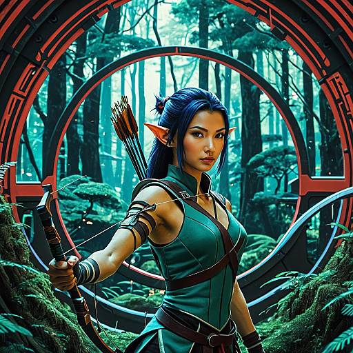 Cyberpunk Elf Archer in Futuristic Forest
