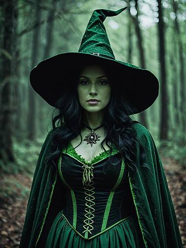 Woman in Green Witch Costume in Forest