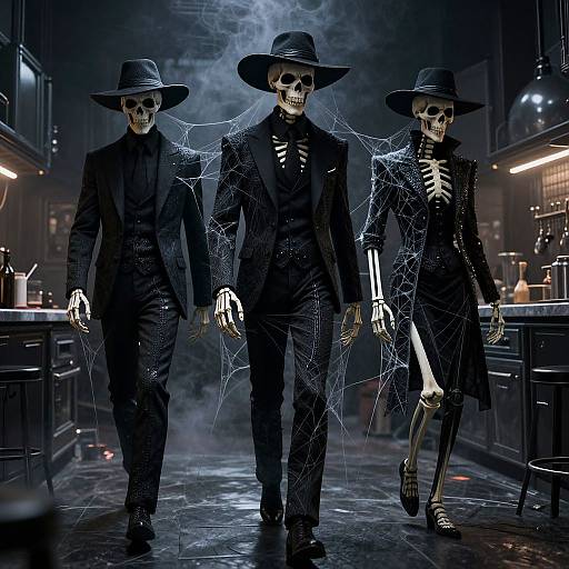 Three skeletal figures in black suits and wide-brimmed hats, with spider webs and glowing bones, walk through a dark, industrial kitchen. Digital art