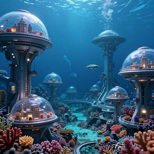 Underwater sci-fi cityscape with glowing dome-shaped buildings, colorful coral reefs, and illuminated cities, surrounded by fish and ocean creatures.