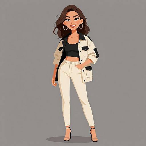Digital illustration of a smiling woman with wavy brown hair, wearing a white jacket, black top, white high-waisted pants, and heels,