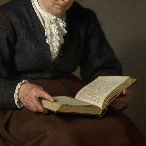 Photograph of an elderly person with pale skin, wearing a dark pinstripe suit, white lace cravat, and brown skirt, reading an