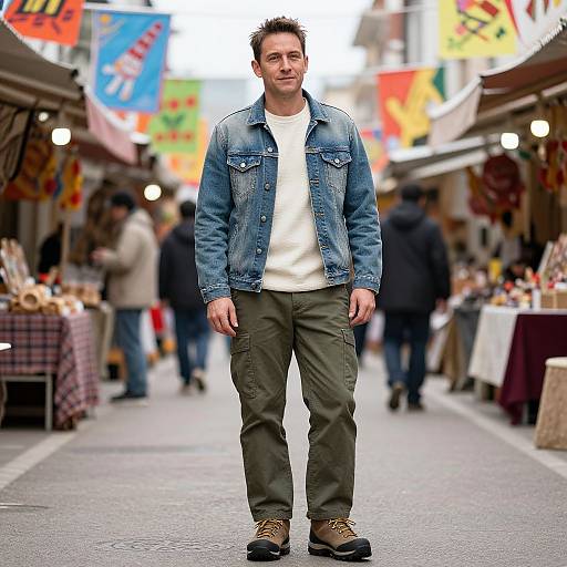 Photograph of a man standing in a busy outdoor market, wearing a blue denim jacket, white shirt, green pants, and brown shoes, with colorful