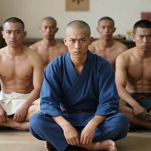Group of Asian Men with Shaved Heads Meditating