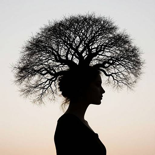 Silhouette of a woman with a bun hairstyle, profile view, standing in front of a large, leafless tree against a gradient sky. Digital artwork
