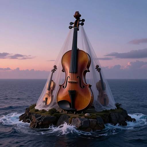 Photograph of three large cellos, encased in a transparent tent, standing on a rocky island in the ocean at sunset.