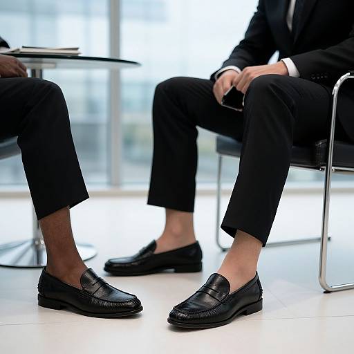 Photograph of two men in black suits and loafers, sitting in a modern, well-lit office with large windows.