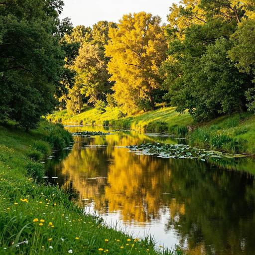 Photograph of a serene, sunlit forest pond reflecting vibrant yellow leaves, surrounded by lush green grass and yellow wildflowers.