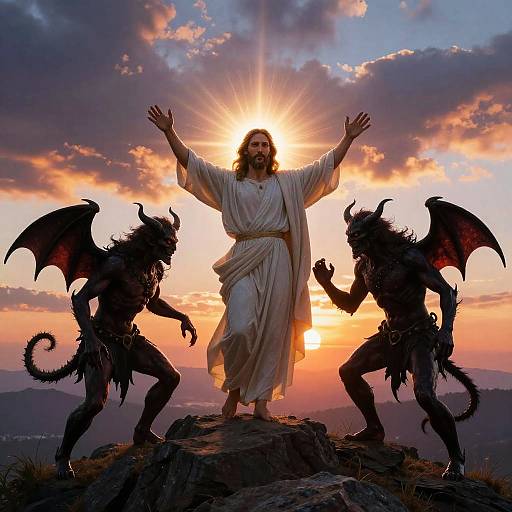 Photograph of Jesus with outstretched arms, silhouetted against a sunset, flanked by two demonic figures with wings and horns, on