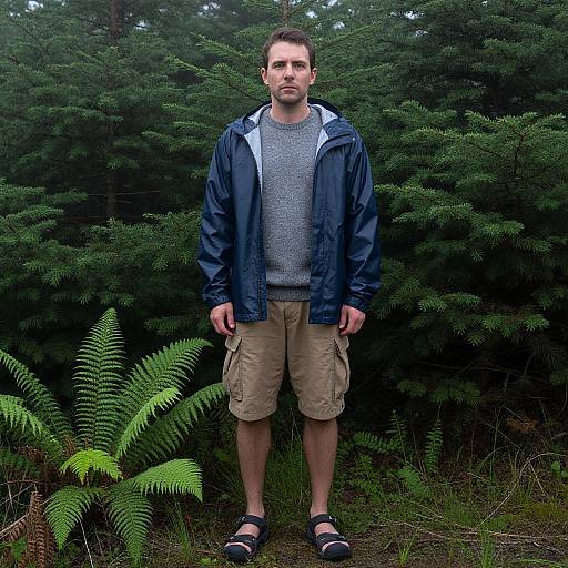 Photograph of a Caucasian man with short brown hair, wearing a blue jacket, gray sweater, beige cargo shorts, and black sandals, standing in a