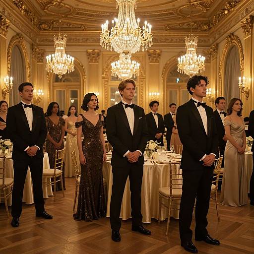 Photograph of a formal ballroom event with chandeliers, elegant men in black tuxedos, and women in sparkling gowns, standing