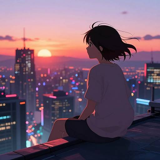 Anime-style digital drawing of a young person with black hair, wearing a white shirt and black shorts, sitting on a rooftop, gazing at a vibrant