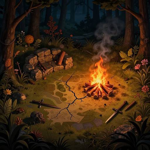 Digital illustration of a nighttime forest campsite with a crackling fire, surrounded by swords, stone wall, grass, flowers, and trees.