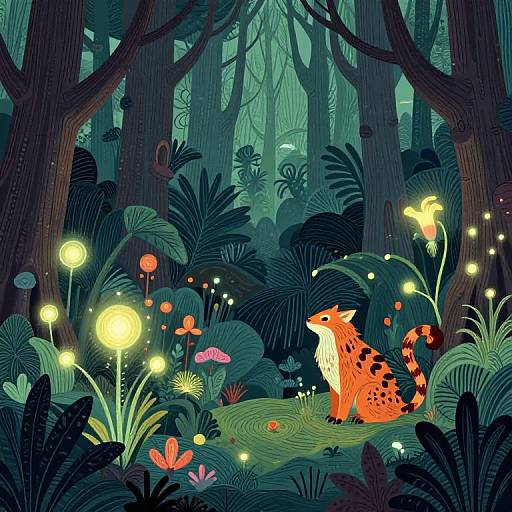 Vibrant, digital illustration of a mystical forest with a bright orange fox with black spots sitting among glowing mushrooms and fireflies, surrounded by lush,