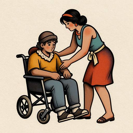 Illustration of a woman in a green top and red skirt helping a boy in a wheelchair with a brown beanie and yellow shirt.