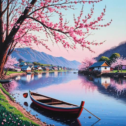 Serene Riverside Village at Dawn Serene Riverside Village at Dawn