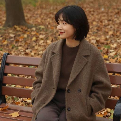 Photograph of an Asian woman with short black hair, wearing a brown coat and dark brown sweater, sitting on a wooden bench in an autumn park with