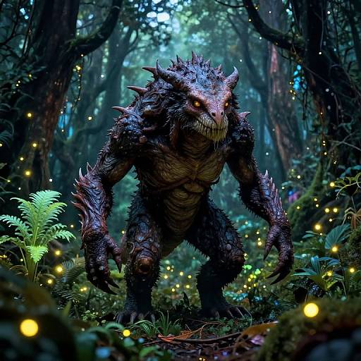 Digital artwork of a fierce, dark-scaled, spiked werewolf-like creature standing in a mystical forest with glowing fireflies and lush greenery.