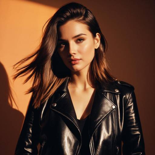 Woman with Sleek Hairstyle and Leather Jacket