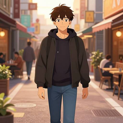 Anime Man Walking Urban Street Sunset