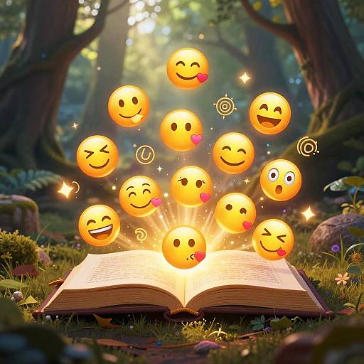 Magical Emoji Spellbook in Enchanted Forest