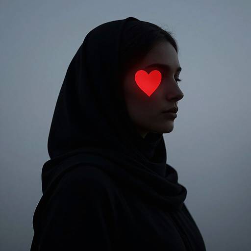 Silhouetted woman in dark hood, profile view, with glowing red heart on forehead, against gradient blue background. Photographic image.