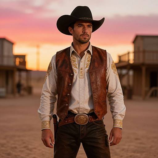 Photograph of a rugged, bearded man in a cowboy hat, brown leather vest, and white shirt, standing in a dusty Old West town at