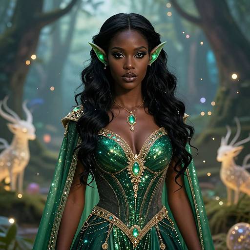 Digital artwork of a dark-skinned, elf-like woman with green glowing ears, wearing a shimmering green and gold dress, standing in a mystical forest