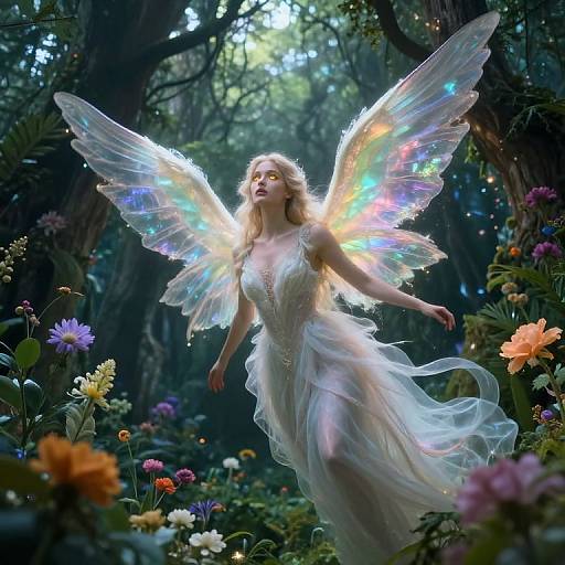 Photorealistic digital art of a blonde fairy with iridescent wings, wearing a flowing white dress, surrounded by vibrant flowers in a lush, sun