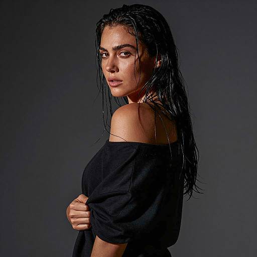 Woman with Wet Hair Wearing Black Off-Shoulder Top