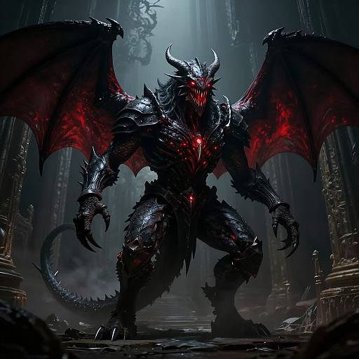 Digital fantasy artwork of a menacing, black-scaled, red-winged demon with glowing red eyes and claws, standing in a dark, foggy cathedral