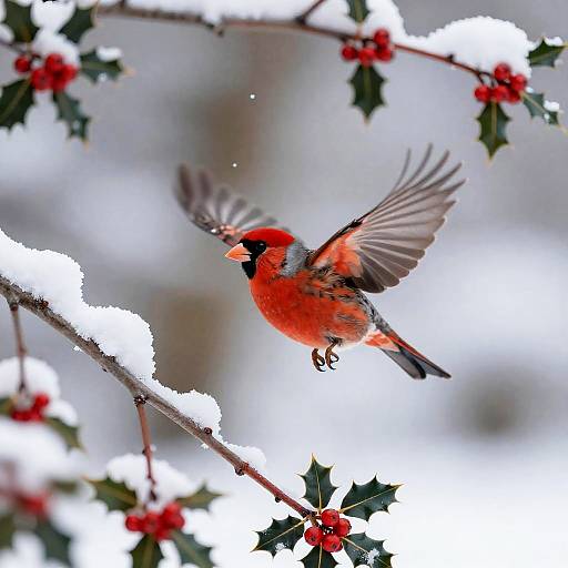 Flying Northern Cardinal in Snowy Winter Scene