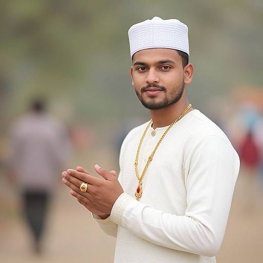 Photograph of a young South Asian man with a trimmed beard, wearing a white cap and long-sleeve kurtah, gold necklace, and
