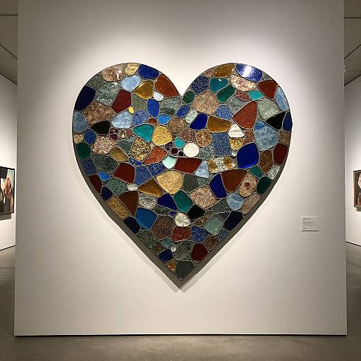 Photograph of a large, illuminated heart-shaped mosaic artwork on a white wall, featuring multicolored, irregularly shaped tiles in blue, red,