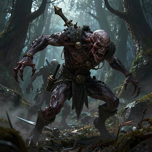 Digital artwork of a muscular, bald, monstrous creature with sharp teeth, wearing tattered leather armor, sword in hand, in a dark, misty