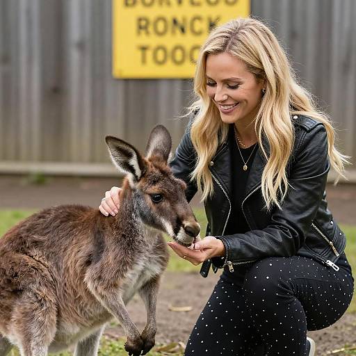 Smiling Woman Petting Kangaroo Outdoors