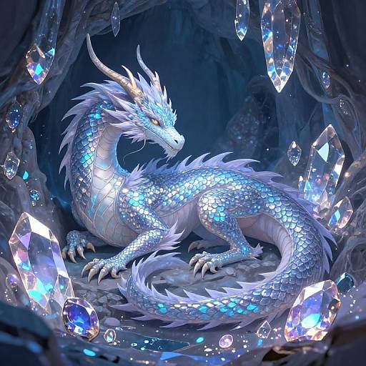 Digital artwork of a radiant, silver-scaled, blue-glowing dragon with white fur and horns, surrounded by glowing crystals in a dark, cave