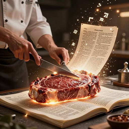 Photograph of a chef's hands carving a glowing, magical, red steak on an open cookbook, with musical notes floating around.