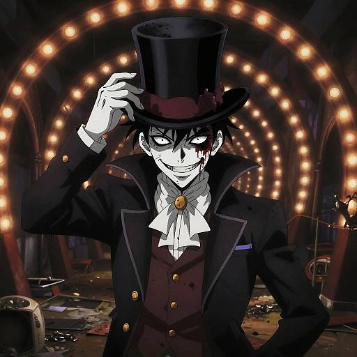 Digital anime-style drawing of a sinister man in a black top hat and coat, with blood on his face, standing in a dimly lit, circular