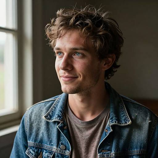 Photograph of a young, fair-skinned man with messy brown hair, blue eyes, and a slight smile, wearing a denim jacket over a brown