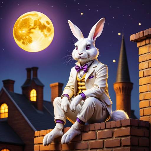 Whimsical White Rabbit Under Yellow Moon
