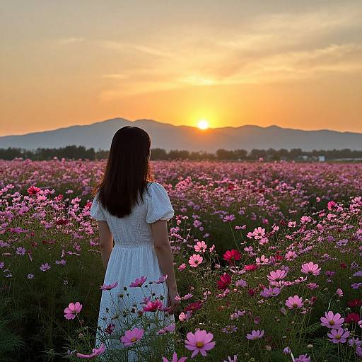Photograph of a woman with long brown hair in a white dress, standing in a pink flower field at sunset, with mountains and an orange sky in