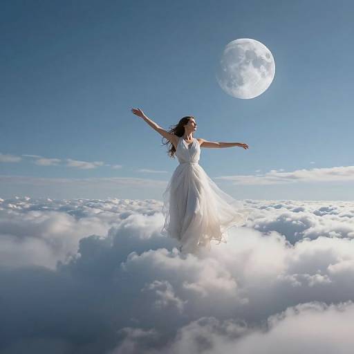 Photograph of a woman with long brown hair, wearing a flowing white dress, standing on clouds with arms outstretched, under a bright full moon