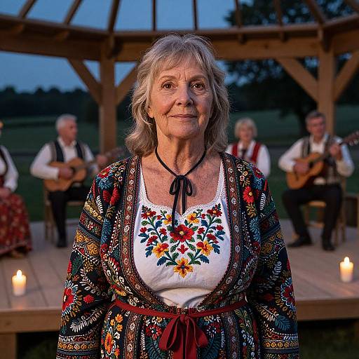 Photograph of an elderly woman with gray hair, wearing a floral embroidered blouse and traditional patterned dress, standing on a wooden stage at dusk, surrounded