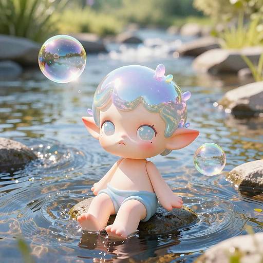 Photorealistic CGI of a chubby, fair-skinned, elf-like child with blue-tinted hair and large eyes, sitting in a sunny creek