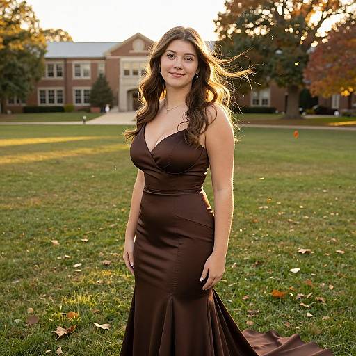 Photograph of a young woman with long brown hair in a dark brown, sleeveless, V-neck gown standing on a grassy lawn at sunset,